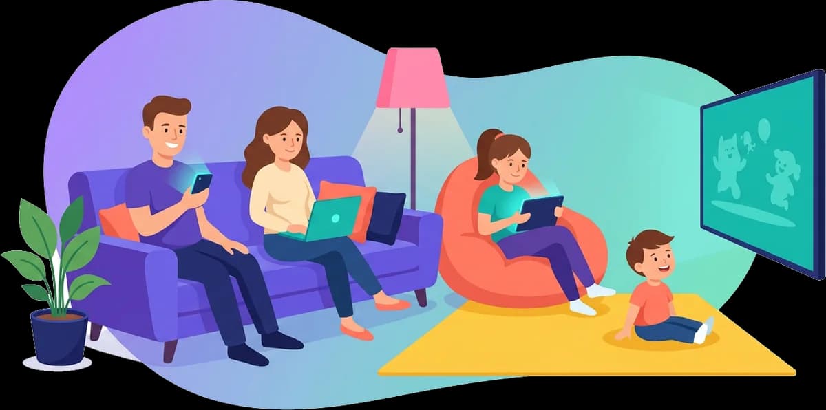 A family of four in their living room, each with a phone, laptop or tablet, the TV glowing teal in the corner