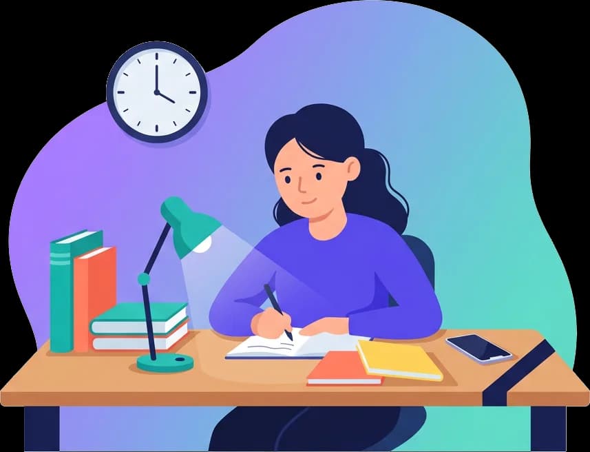 A teen writing at a desk under a lamp, a clock on the wall and the phone face down beside the books