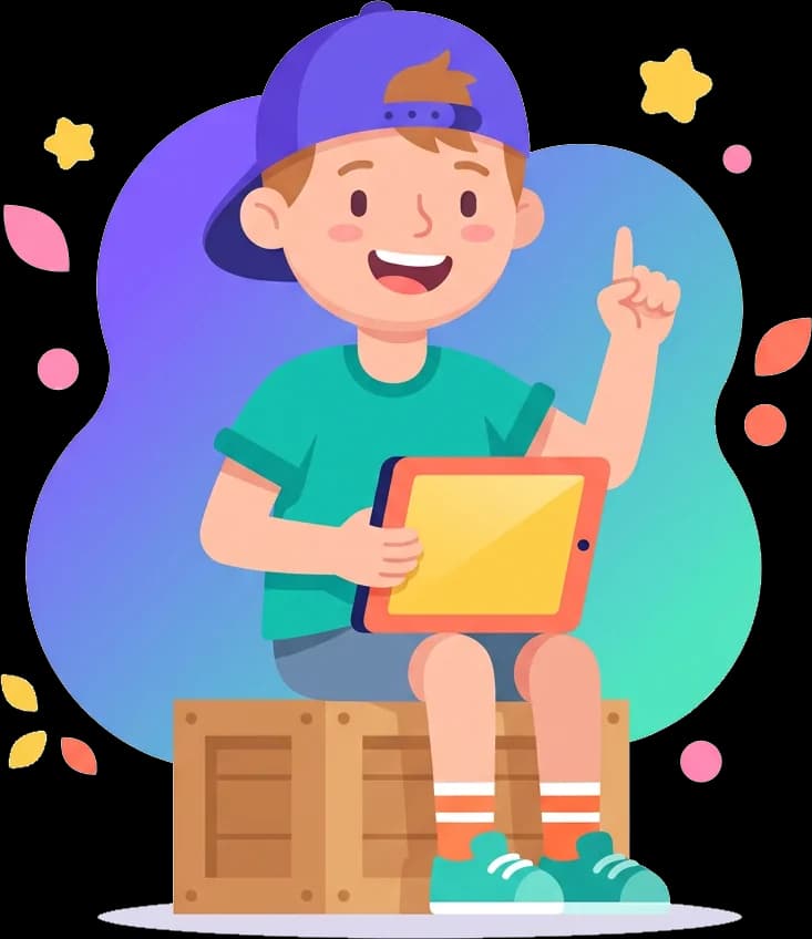 A boy in a backwards cap sitting on a wooden box with a tablet, pointing up