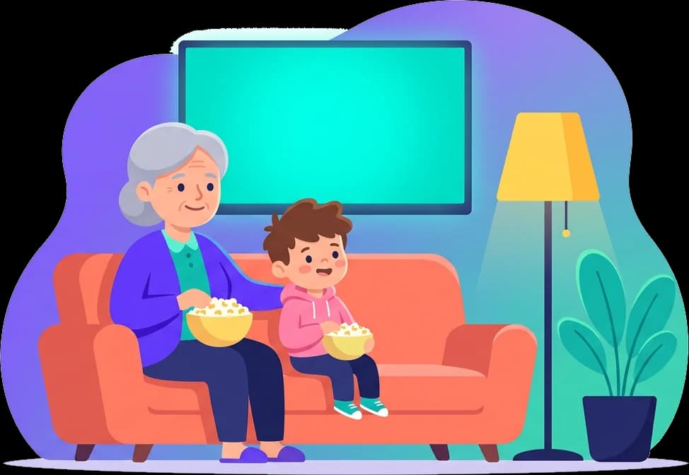 A grandmother and a boy sharing popcorn on a coral sofa in front of a glowing TV