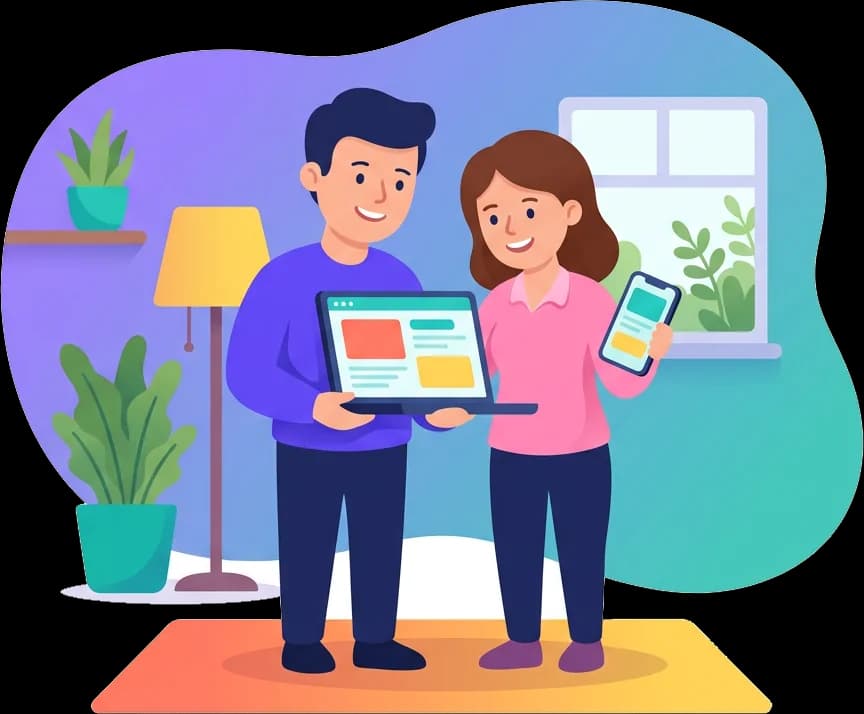 A father holding a laptop and a mother holding a phone, setting something up together by the window